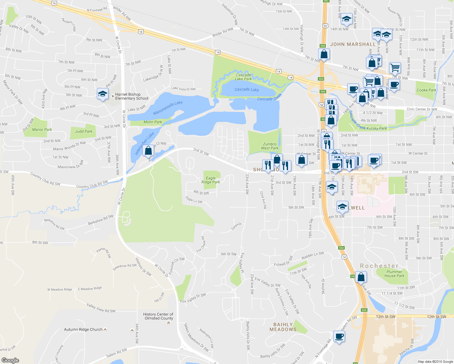 map of restaurants, bars, coffee shops, grocery stores, and more near 215 Highland Court Southwest in Rochester