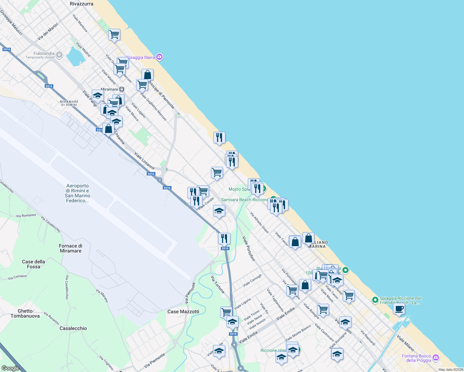 map of restaurants, bars, coffee shops, grocery stores, and more near 17 Viale Gozzano in Riccione