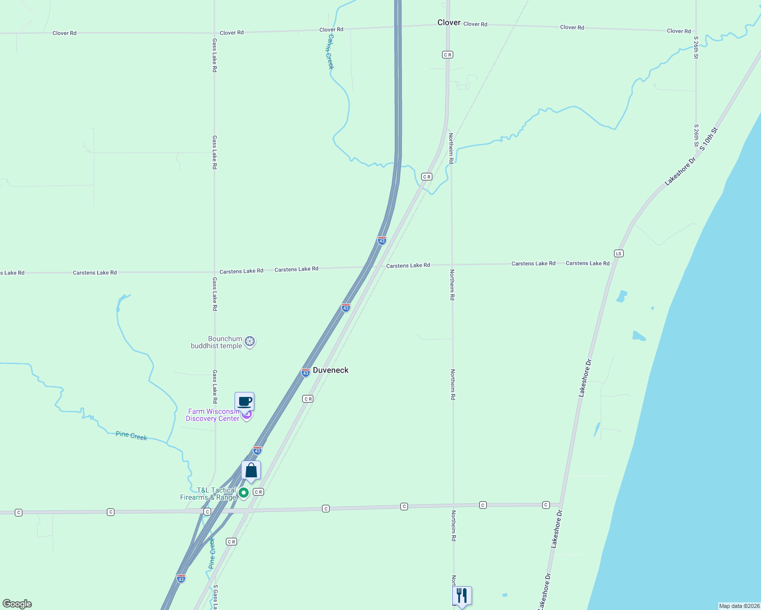 map of restaurants, bars, coffee shops, grocery stores, and more near 4503 Carstens Lake Road in Manitowoc