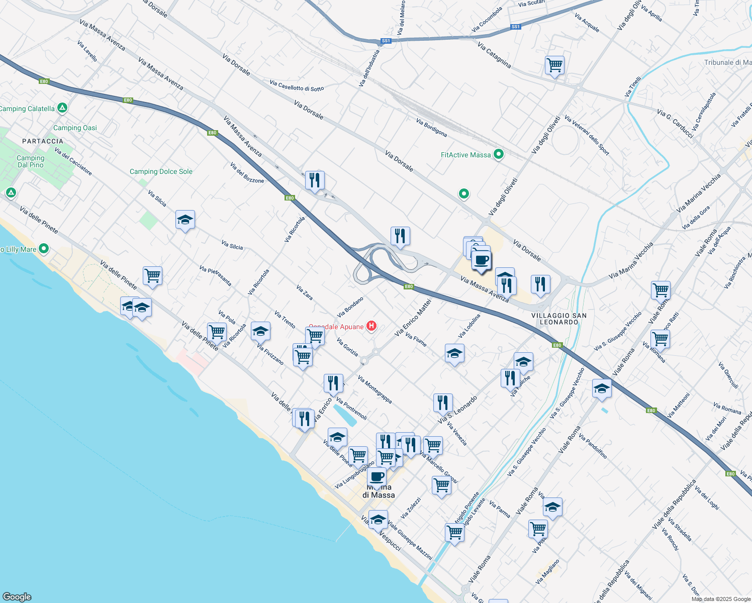 map of restaurants, bars, coffee shops, grocery stores, and more near 193 Via Fiume in Massa
