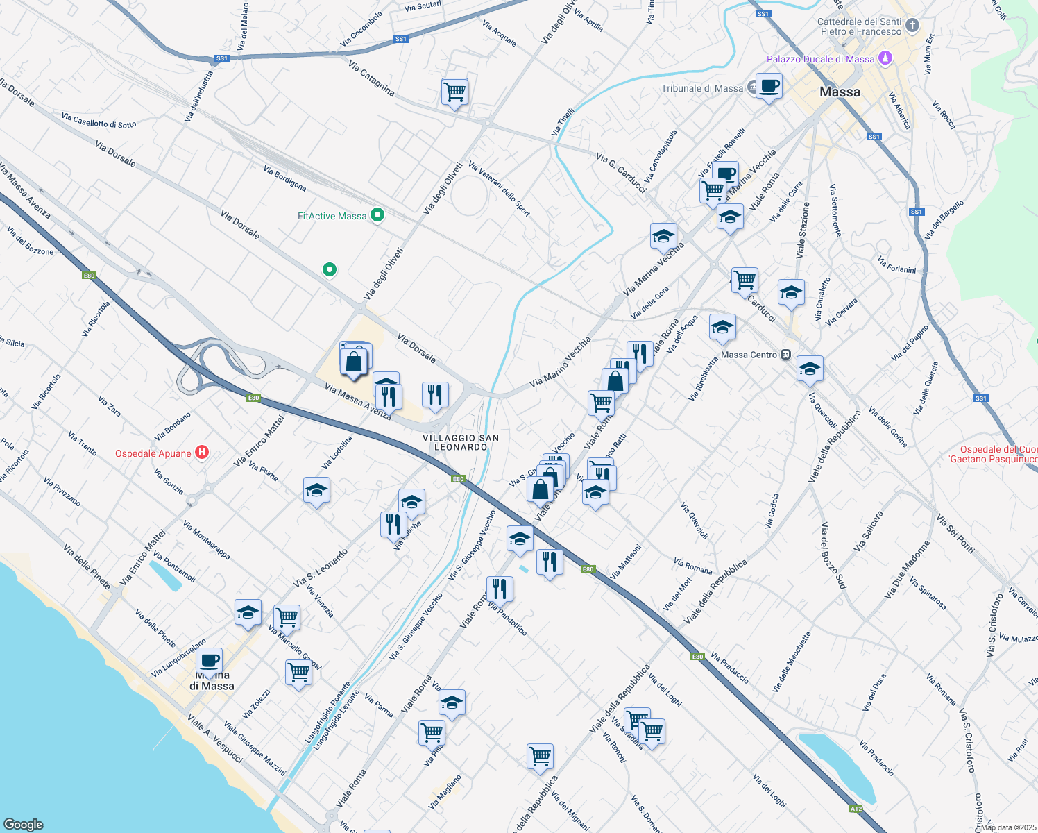 map of restaurants, bars, coffee shops, grocery stores, and more near 8 Via Madonna del Golfo in Massa