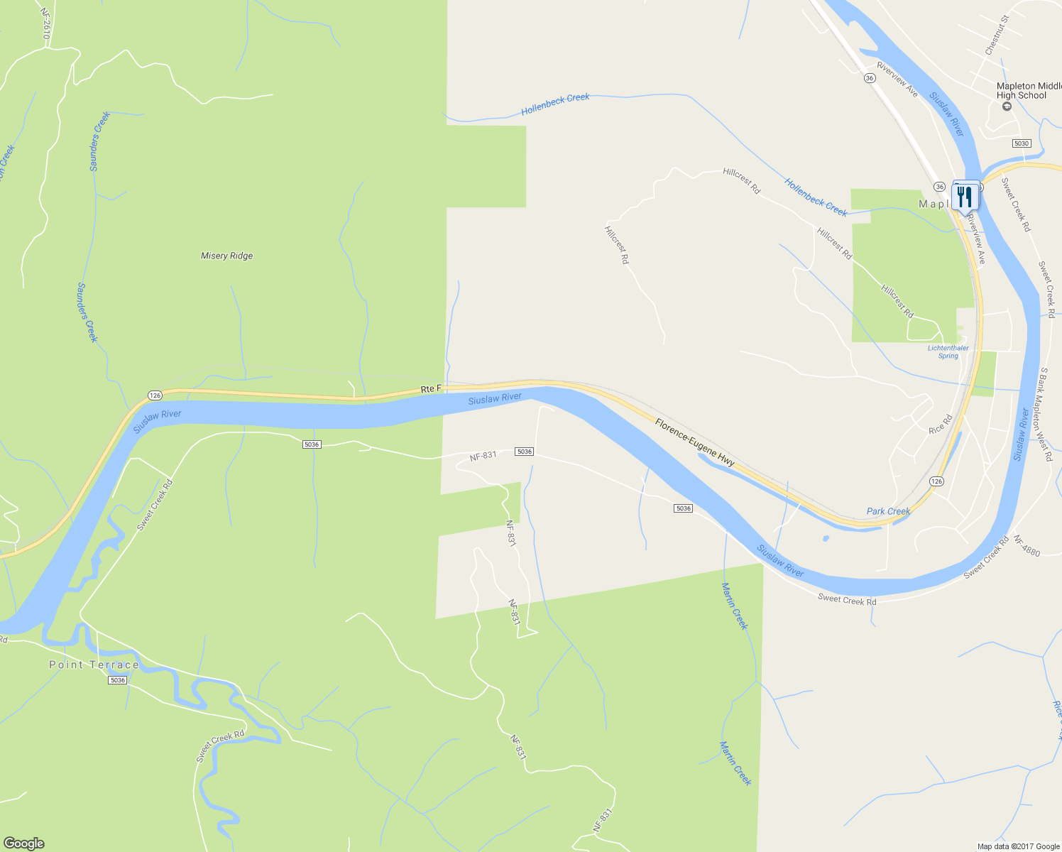 map of restaurants, bars, coffee shops, grocery stores, and more near 10195 Sweet Creek Road in Mapleton