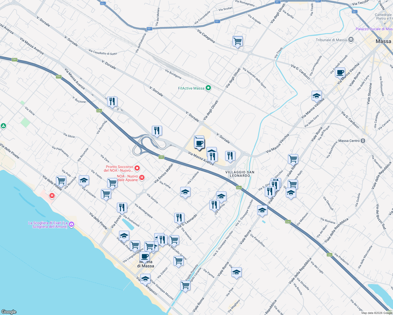 map of restaurants, bars, coffee shops, grocery stores, and more near 32 Via Massa Avenza in Massa