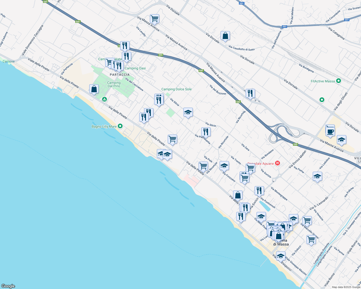 map of restaurants, bars, coffee shops, grocery stores, and more near 86 Via del Casone in Marina di Massa