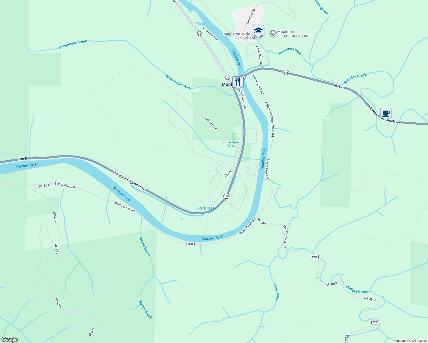 map of restaurants, bars, coffee shops, grocery stores, and more near 87610 Rice Road in Mapleton
