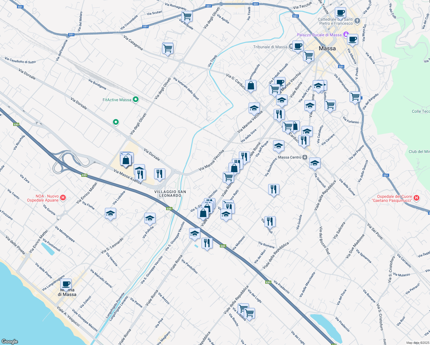 map of restaurants, bars, coffee shops, grocery stores, and more near 7-11 Via Gioconda in Massa
