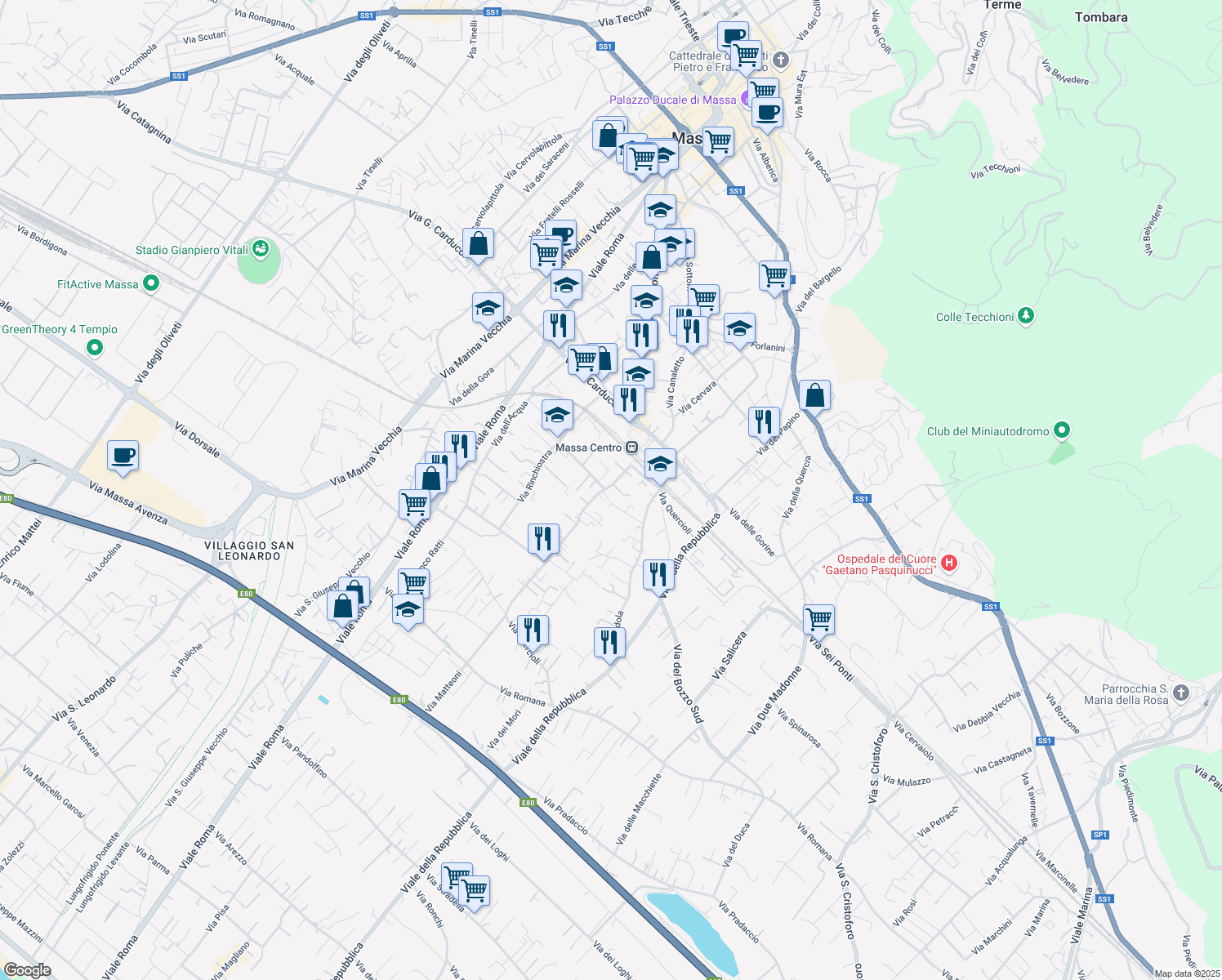 map of restaurants, bars, coffee shops, grocery stores, and more near 3 Via Quercioli in Massa