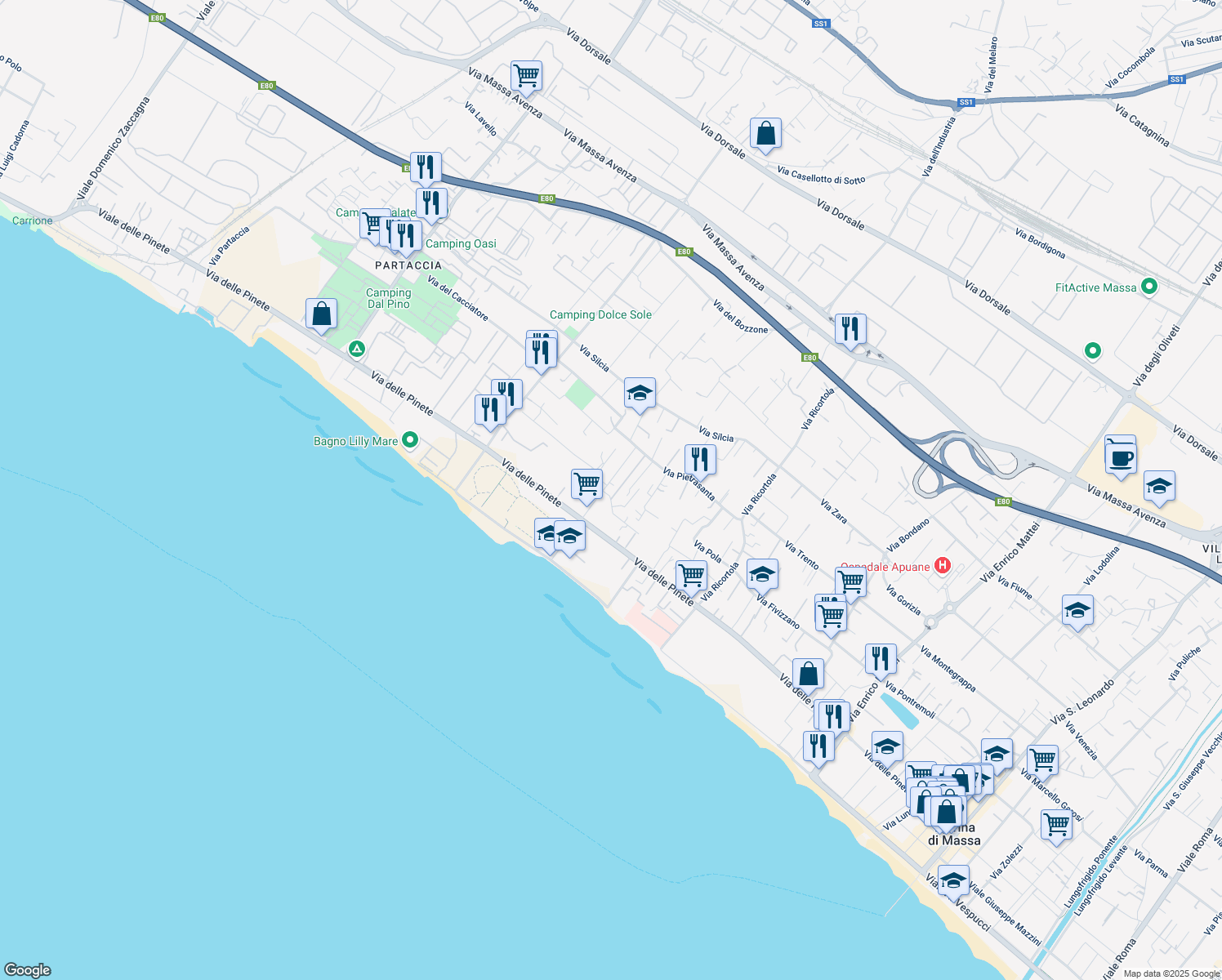 map of restaurants, bars, coffee shops, grocery stores, and more near 86 Via del Casone in Marina di Massa