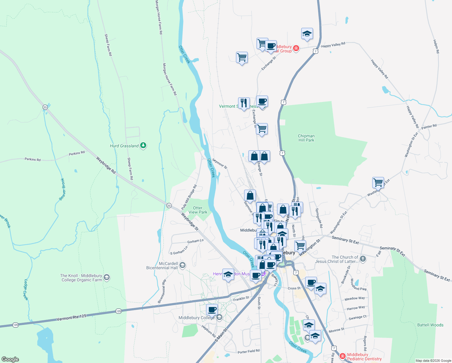 map of restaurants, bars, coffee shops, grocery stores, and more near 91 Seymour St in Middlebury