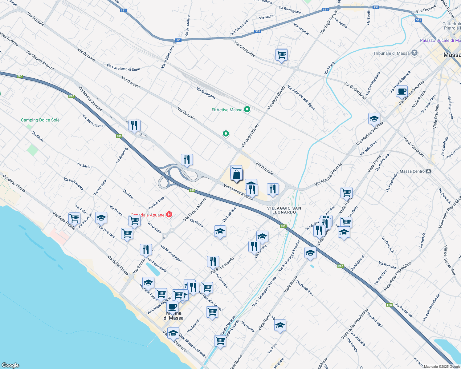 map of restaurants, bars, coffee shops, grocery stores, and more near 32 Via Massa Avenza in Massa