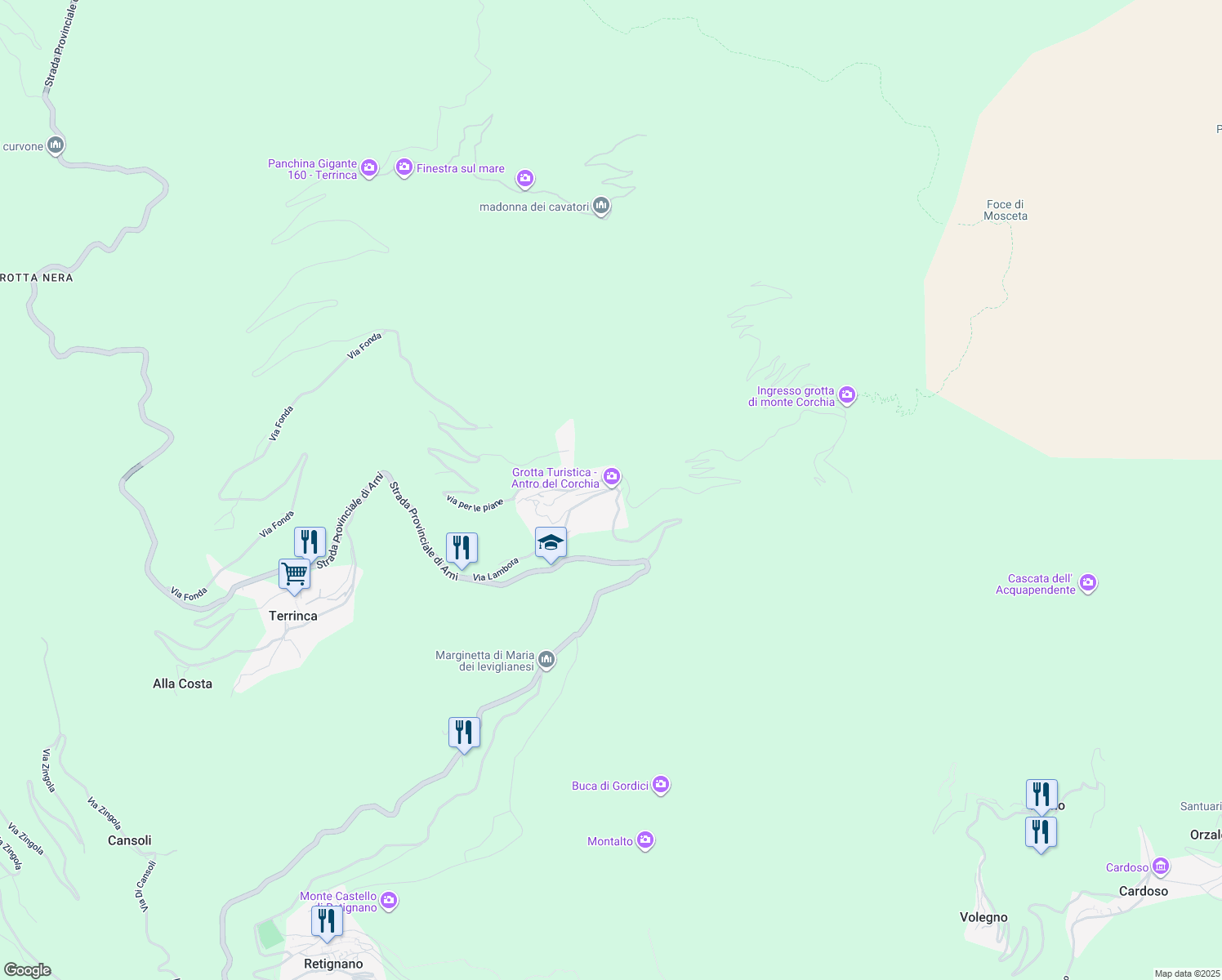 map of restaurants, bars, coffee shops, grocery stores, and more near 314 Via Nord in Levigliani