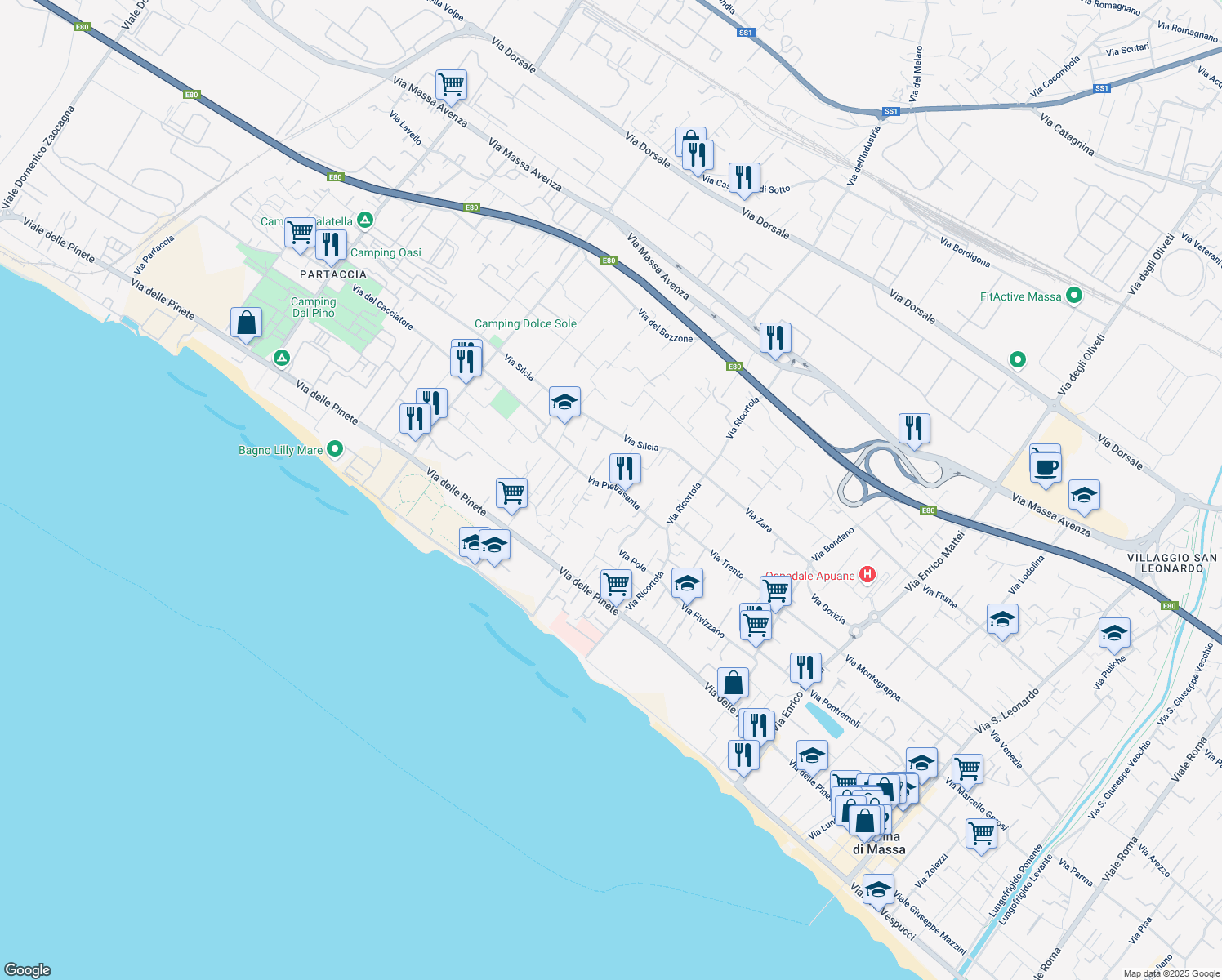 map of restaurants, bars, coffee shops, grocery stores, and more near 71 Via Pietrasanta in Massa
