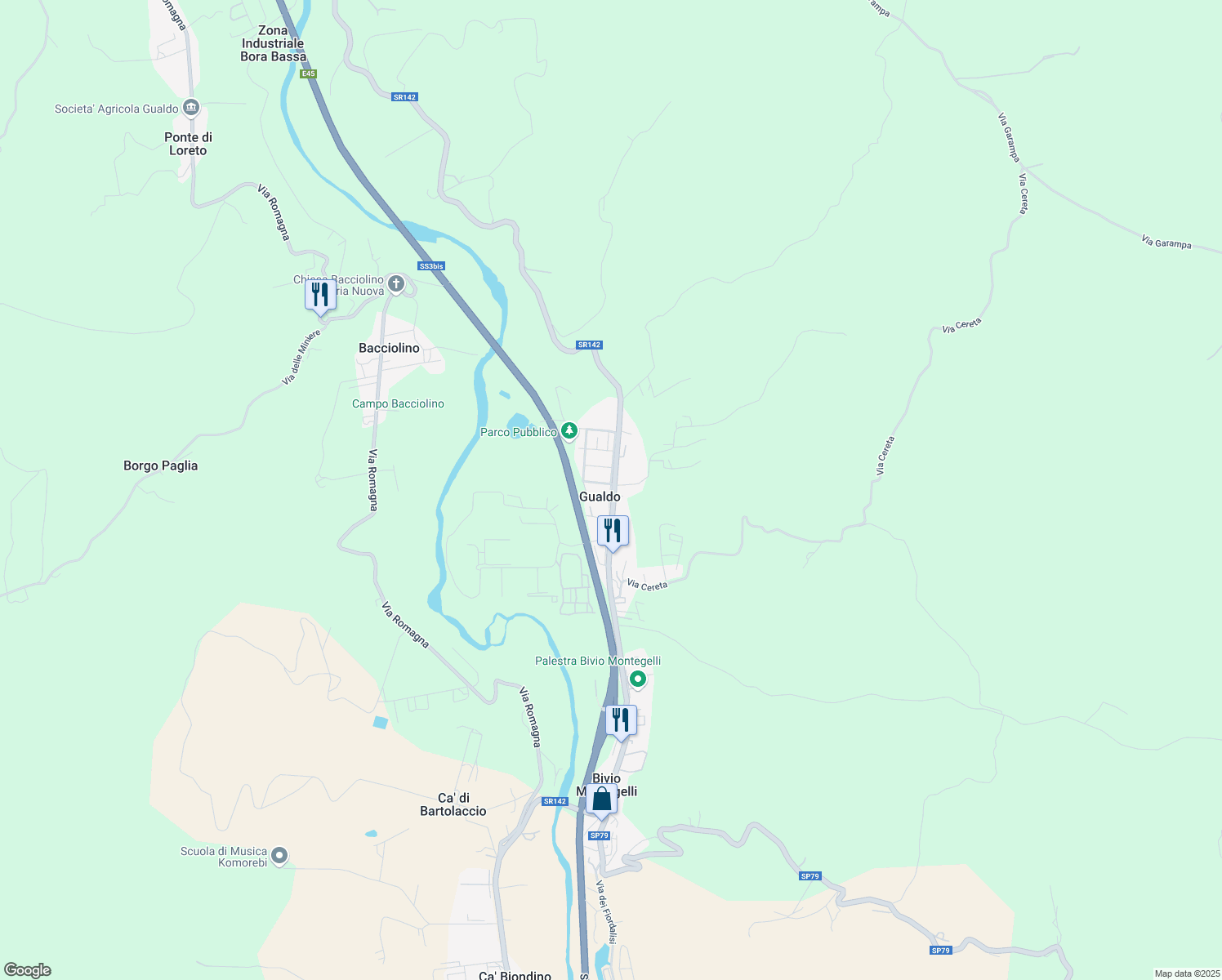 map of restaurants, bars, coffee shops, grocery stores, and more near 11-17 Via Enrico Fermi in Gualdo