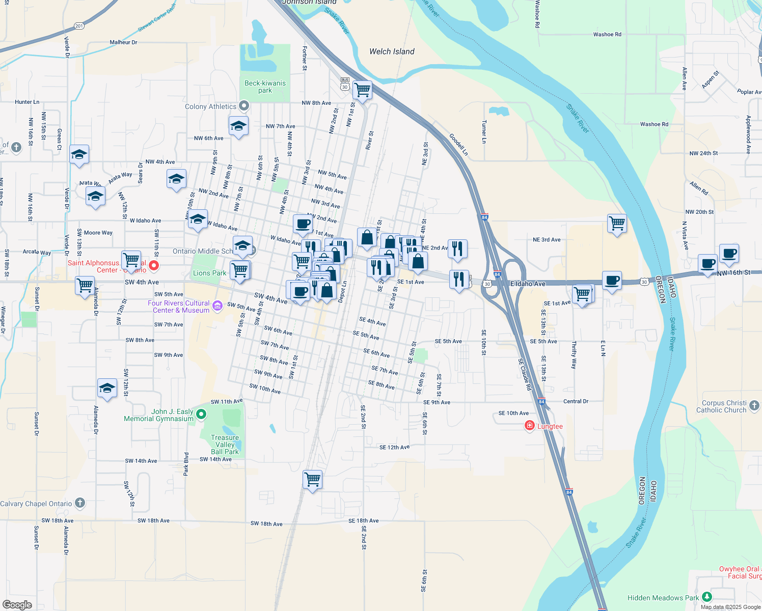 map of restaurants, bars, coffee shops, grocery stores, and more near 296 Southeast 2nd Street in Ontario