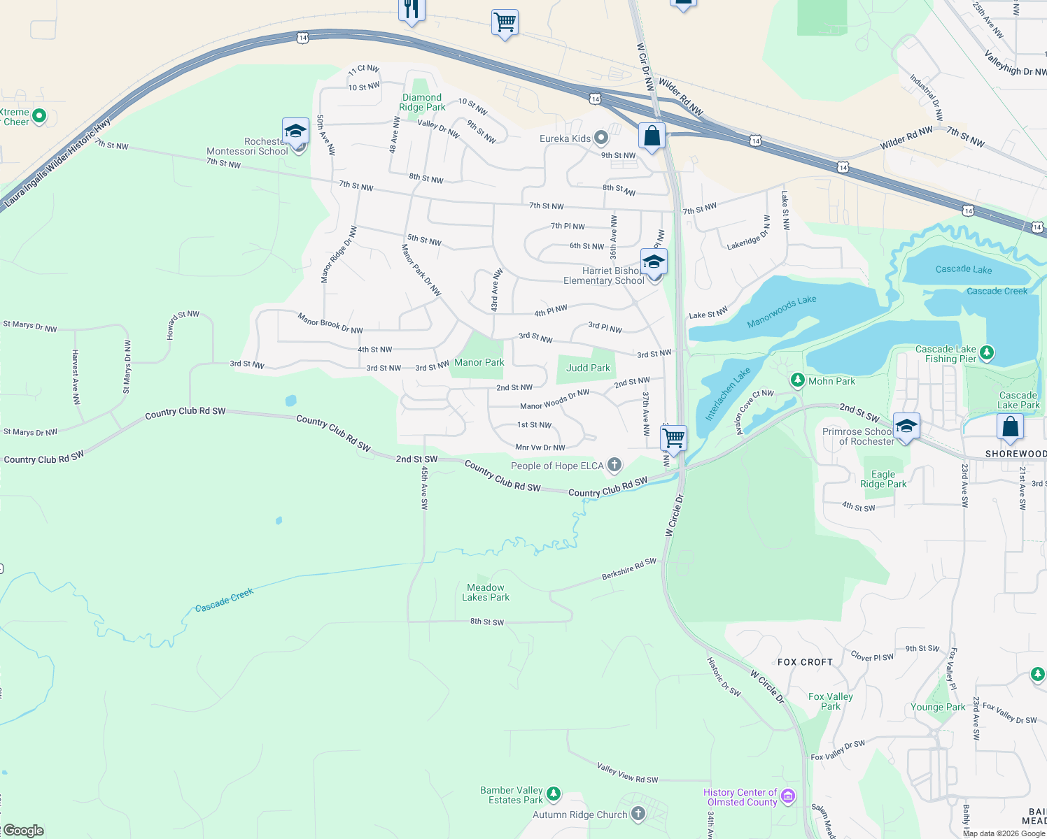 map of restaurants, bars, coffee shops, grocery stores, and more near 4305 1st Street Northwest in Rochester