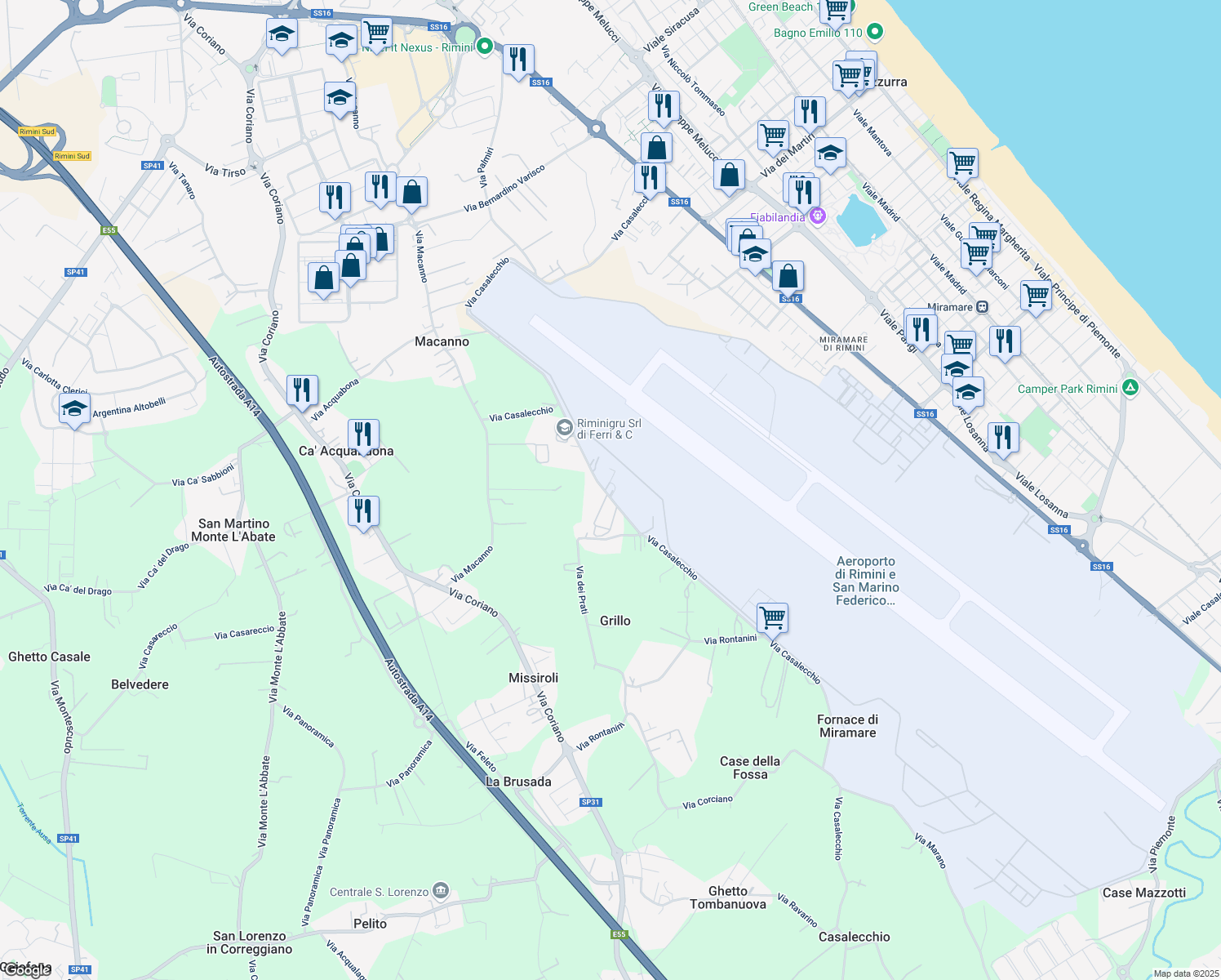 map of restaurants, bars, coffee shops, grocery stores, and more near 24 Via Casalecchio in Rimini