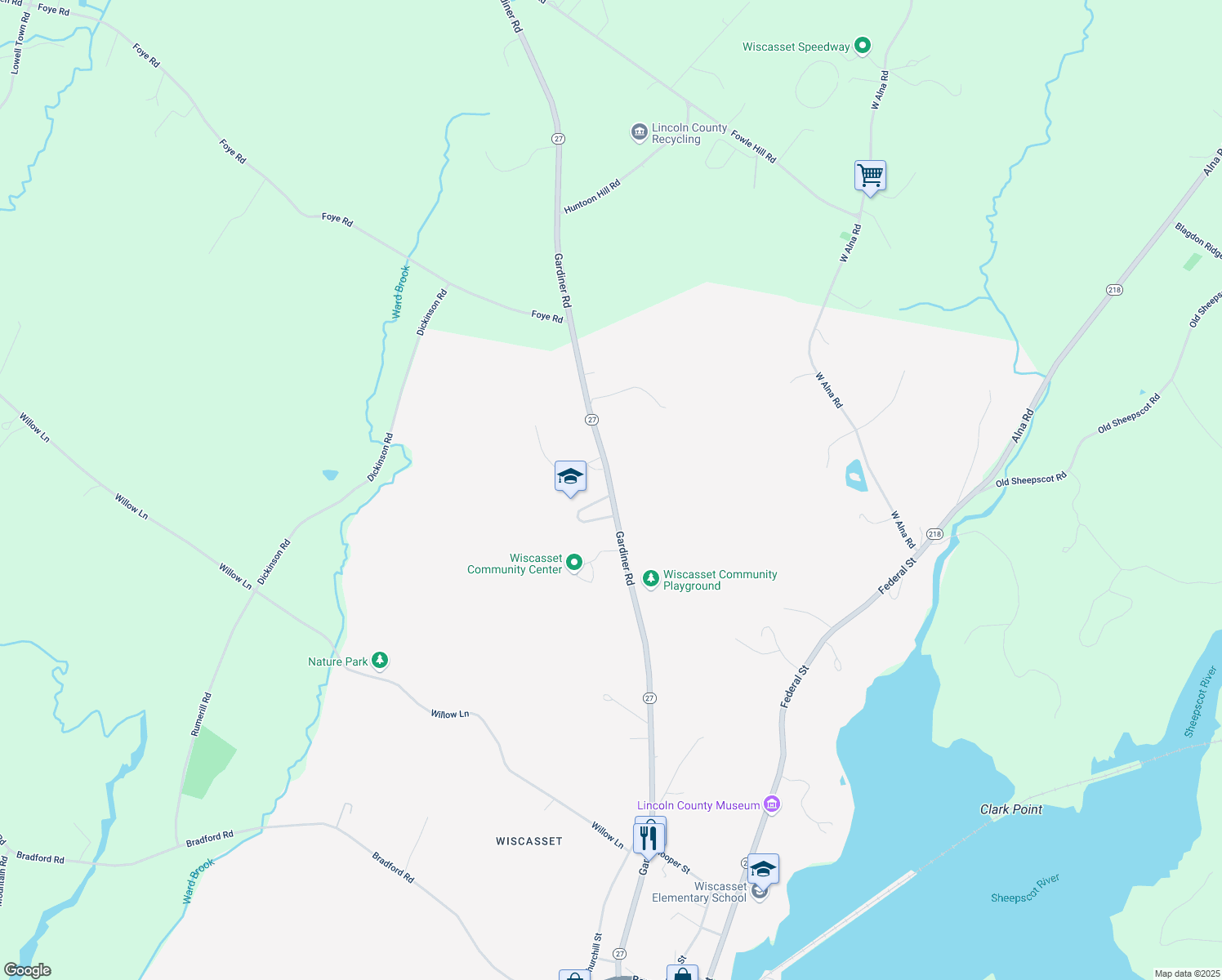 map of restaurants, bars, coffee shops, grocery stores, and more near 171 Gardiner Road in Wiscasset