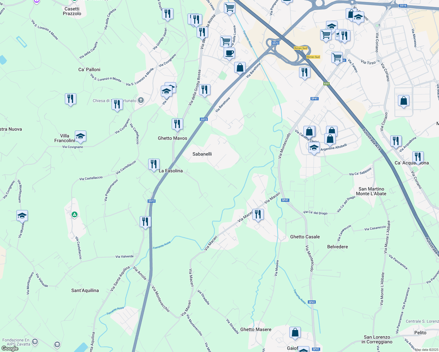 map of restaurants, bars, coffee shops, grocery stores, and more near 41A Via Sabanelle in Rimini