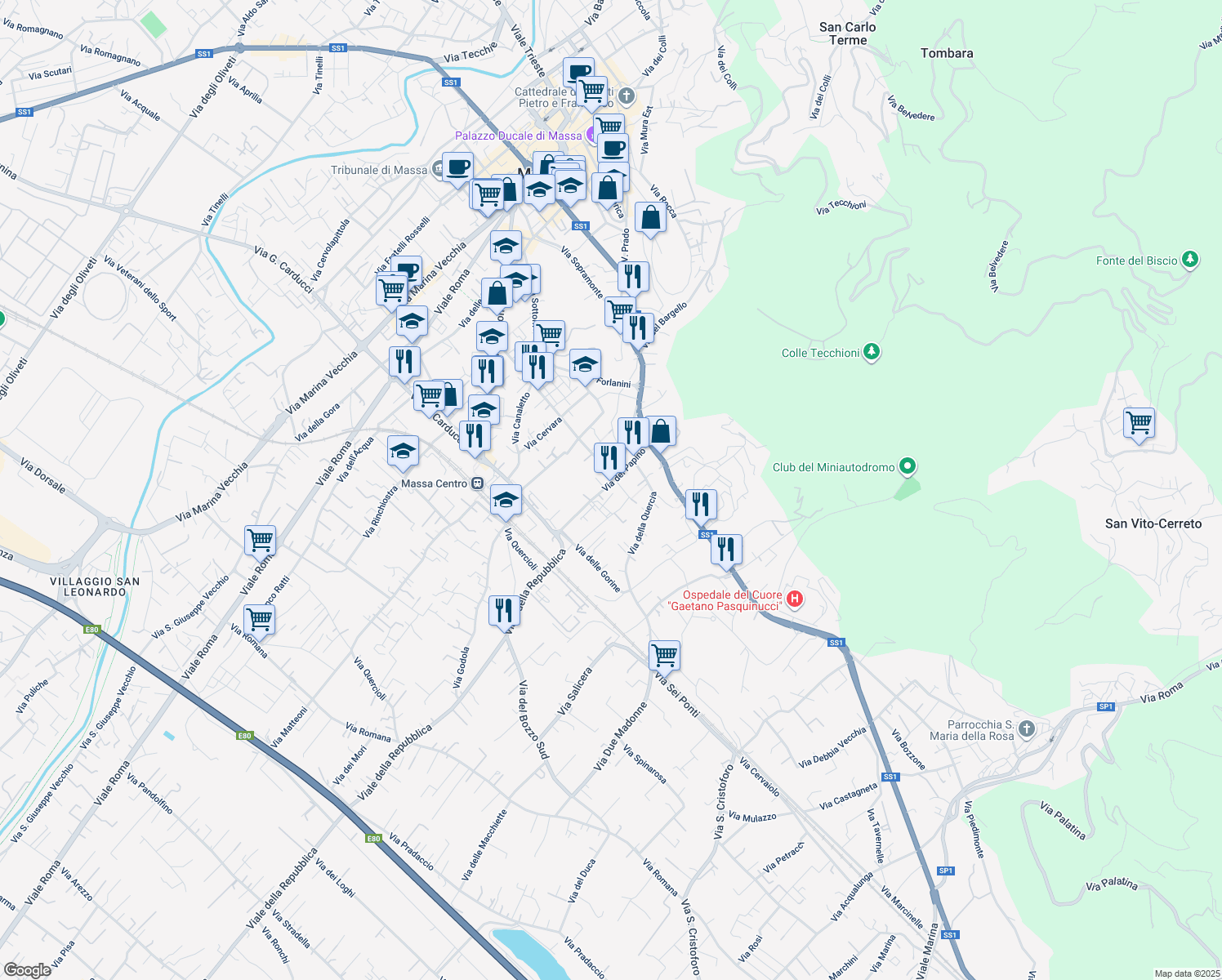 map of restaurants, bars, coffee shops, grocery stores, and more near 13-21 Via del Papino in Massa
