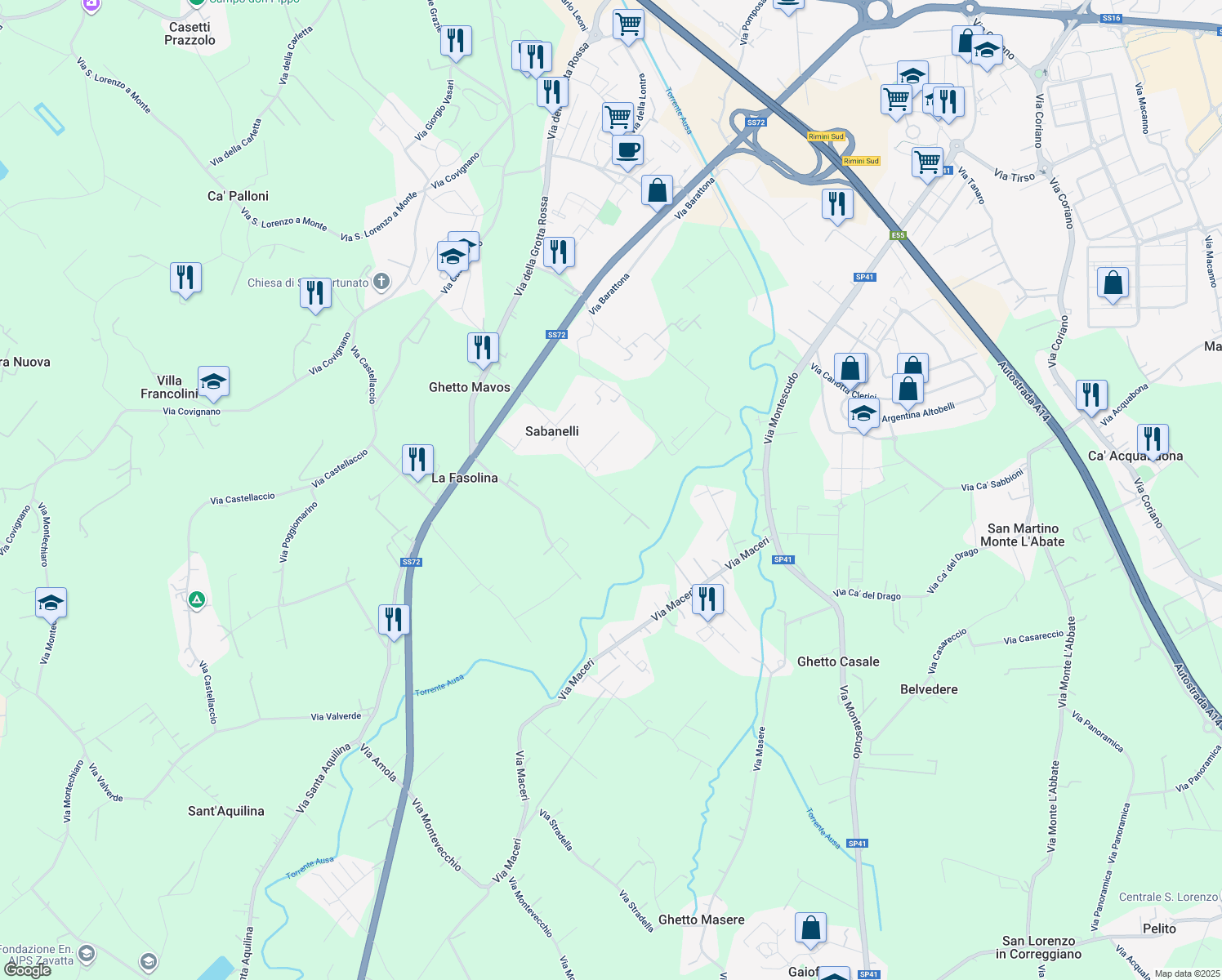 map of restaurants, bars, coffee shops, grocery stores, and more near 41A Via Sabanelle in Rimini