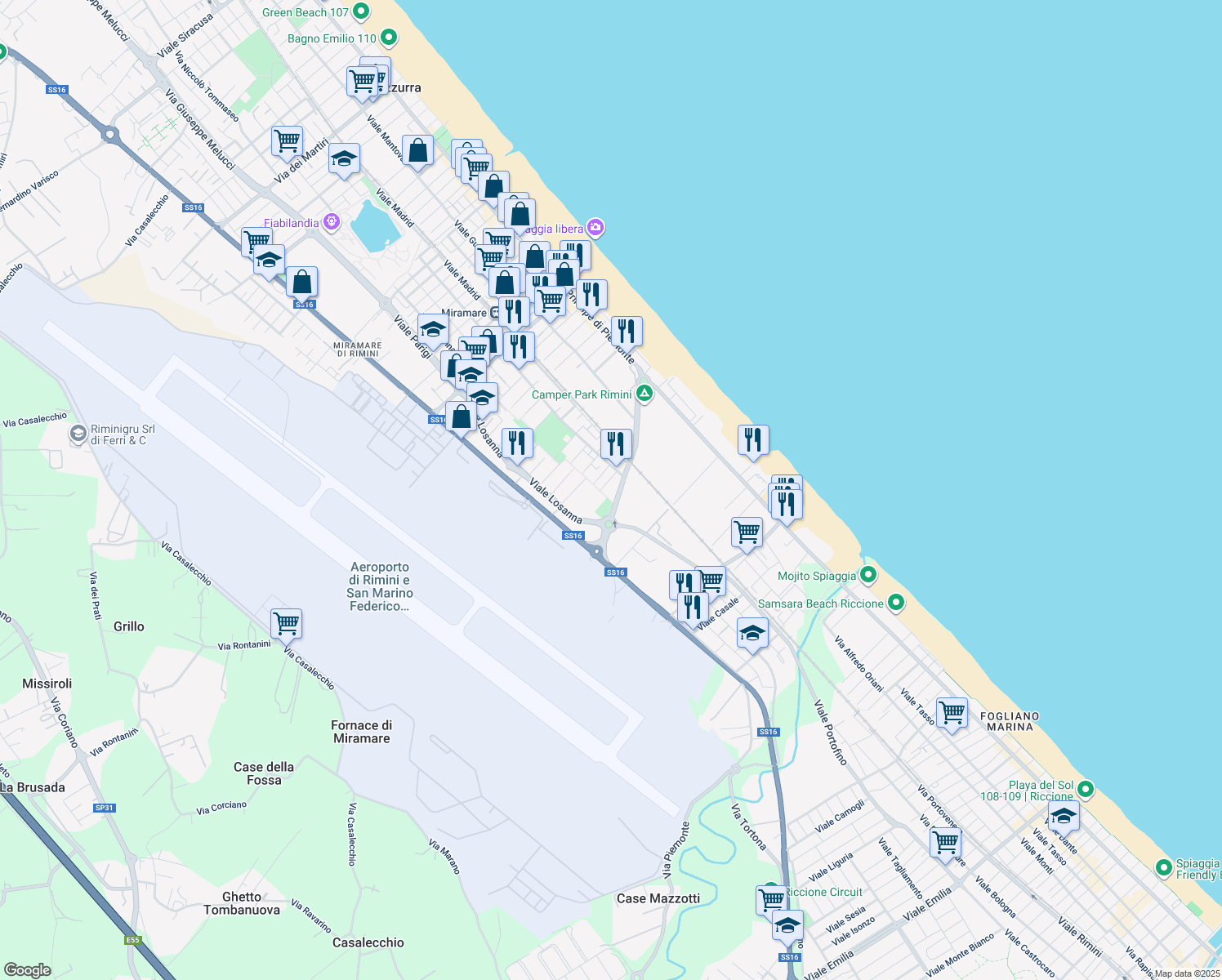 map of restaurants, bars, coffee shops, grocery stores, and more near Viale Berna in Rimini