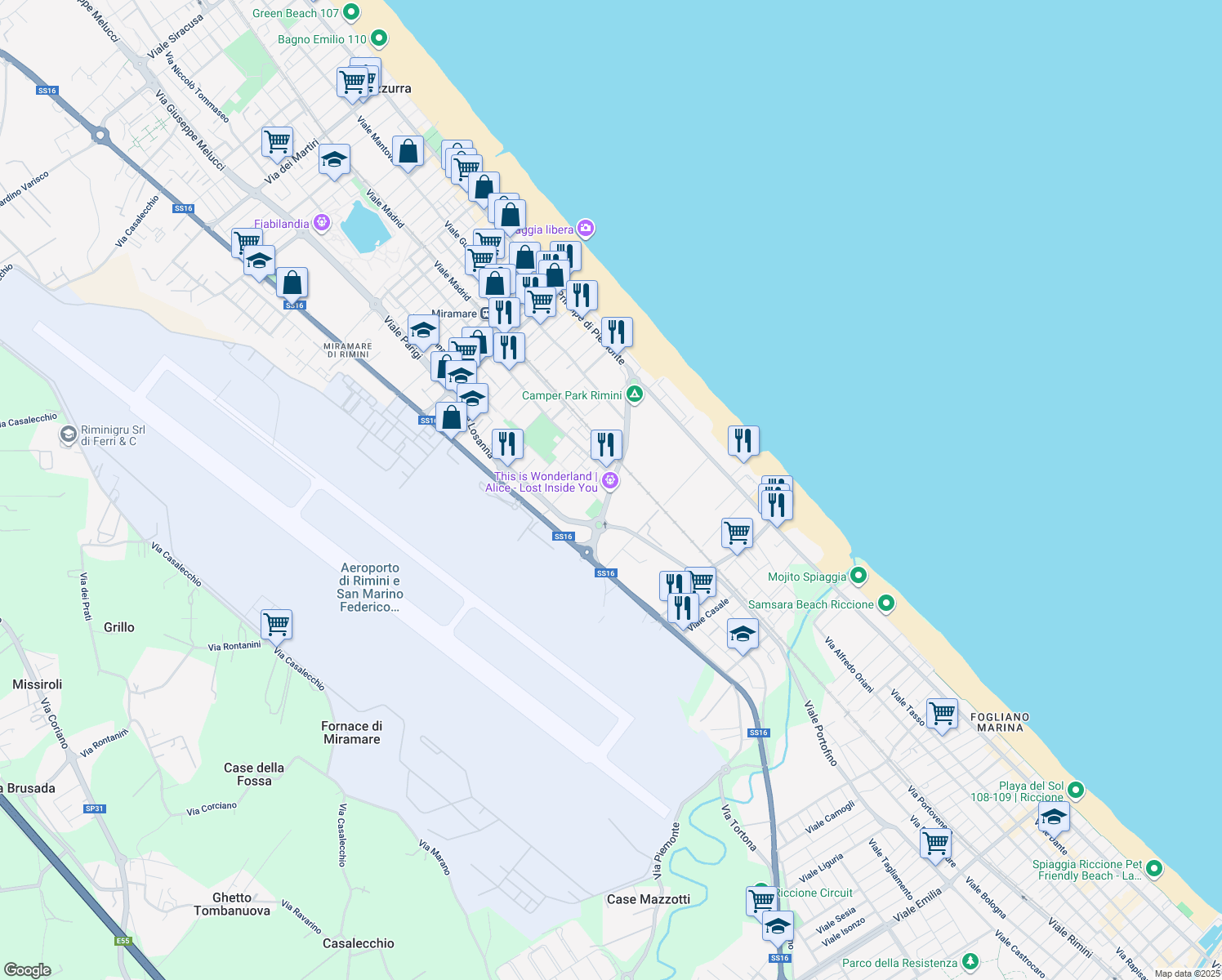 map of restaurants, bars, coffee shops, grocery stores, and more near Viale Berna in Rimini