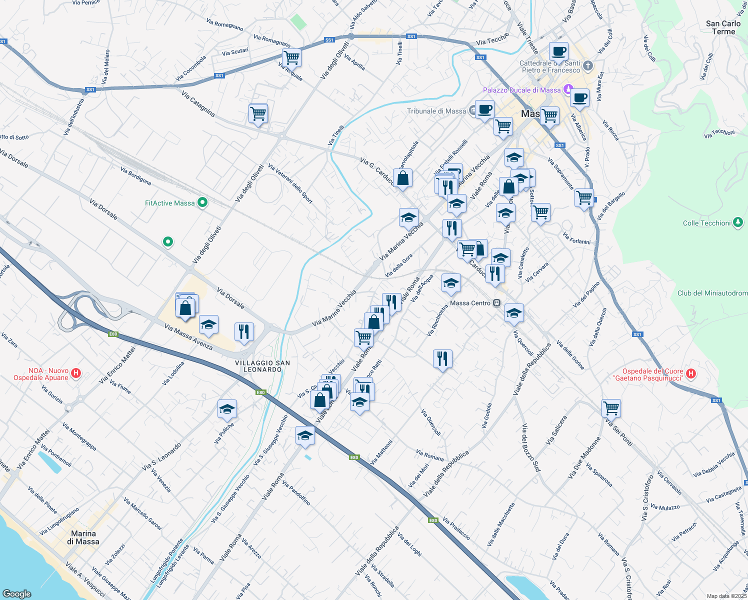 map of restaurants, bars, coffee shops, grocery stores, and more near 4-10 Via San Giuseppe Vecchio in Massa