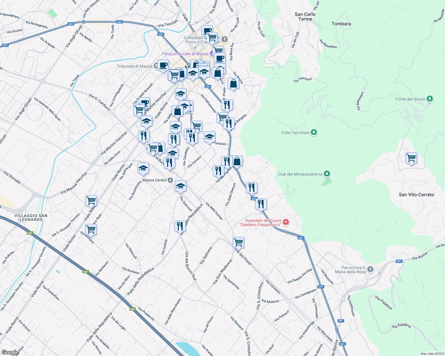 map of restaurants, bars, coffee shops, grocery stores, and more near 21 Via del Papino in Massa