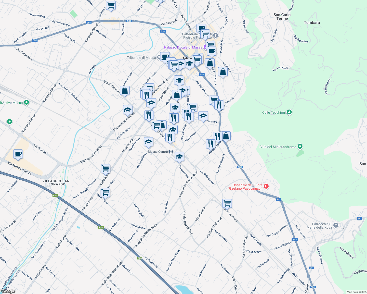 map of restaurants, bars, coffee shops, grocery stores, and more near 171 Via Cervara in Massa