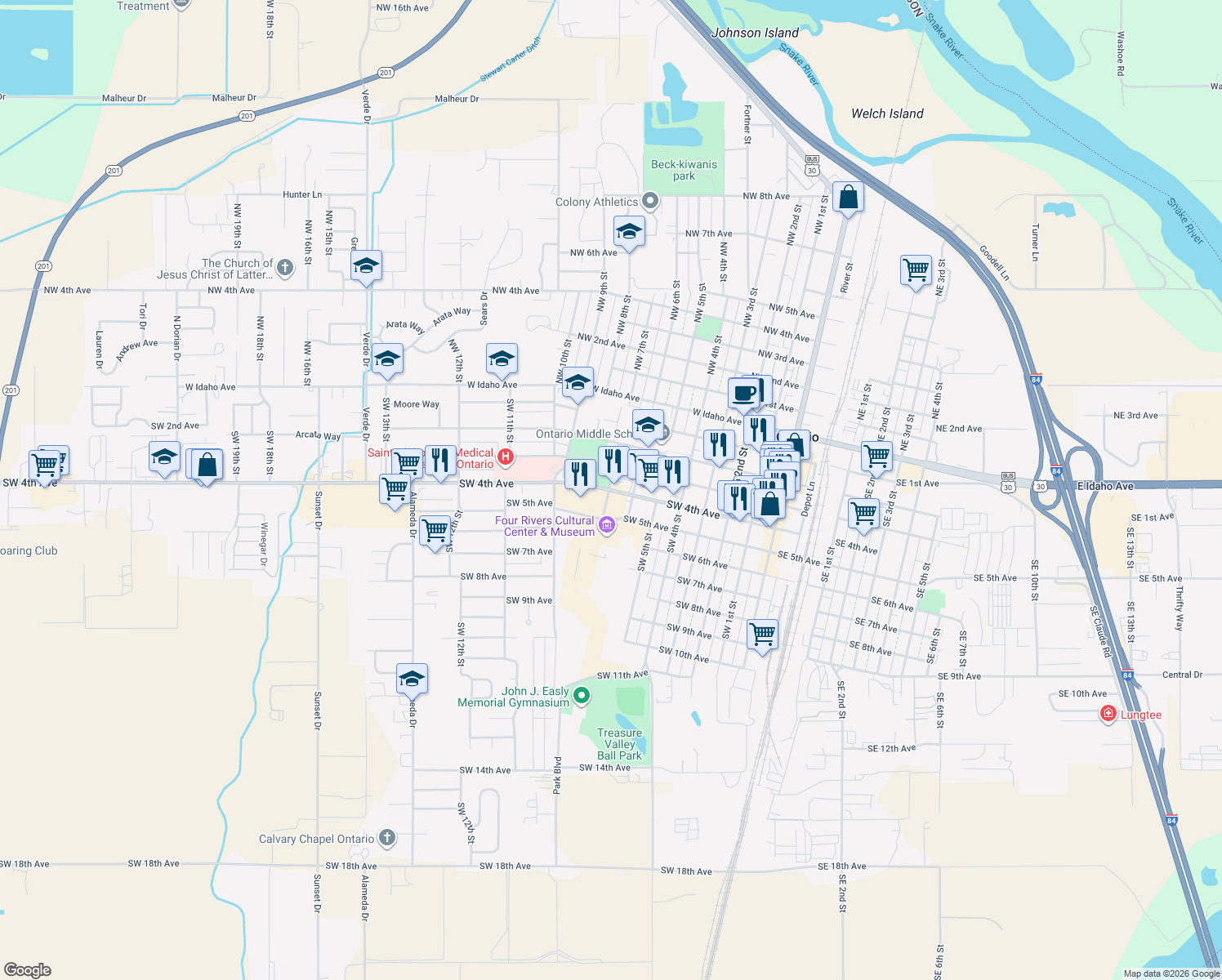 map of restaurants, bars, coffee shops, grocery stores, and more near 698 Olds Ferry-Ontario Hwy in Ontario