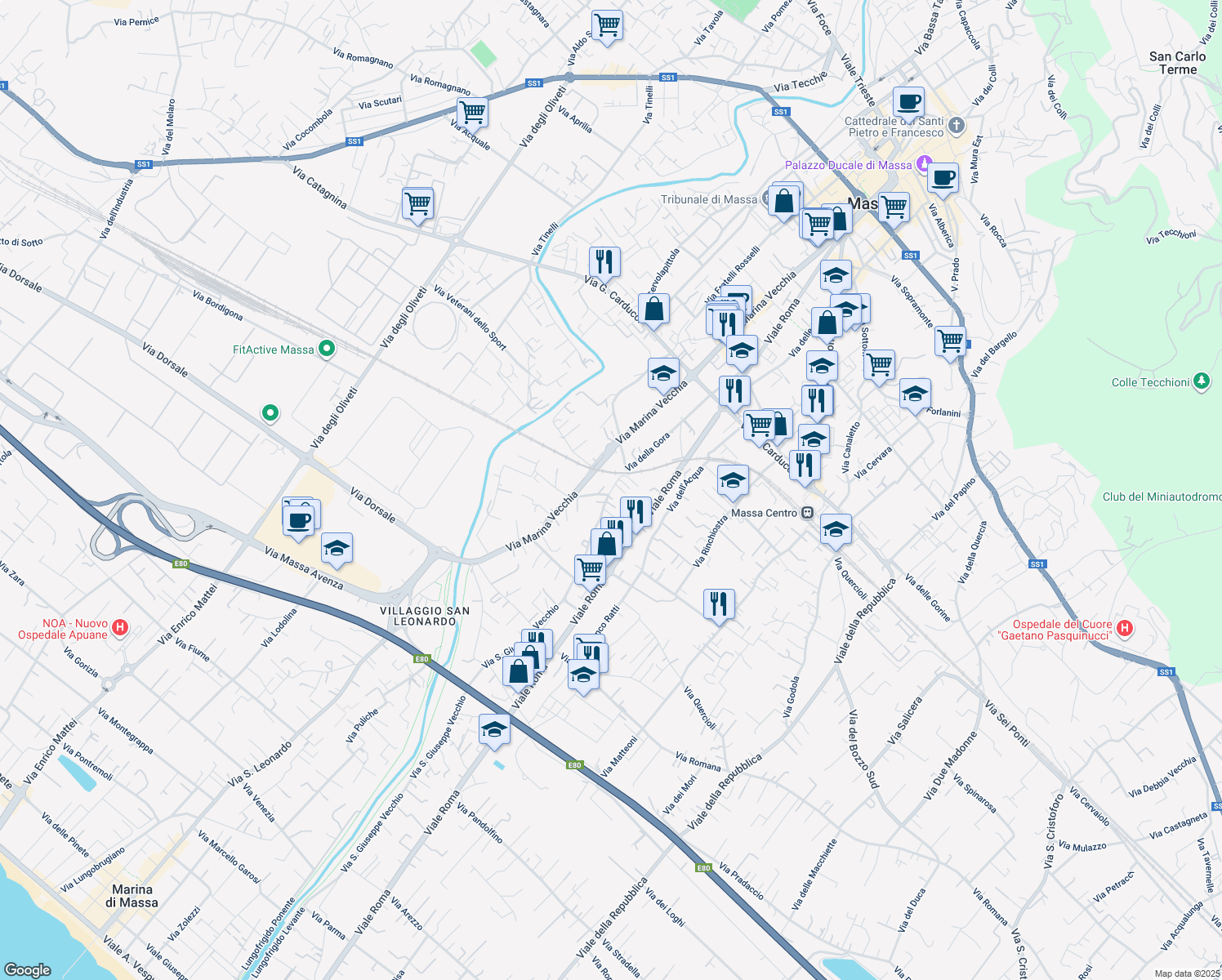 map of restaurants, bars, coffee shops, grocery stores, and more near 10 Via San Giuseppe Vecchio in Massa