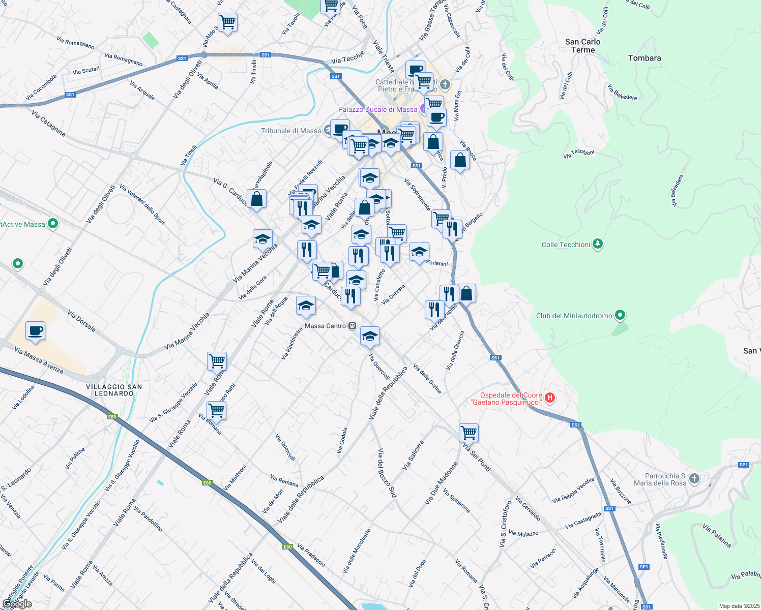 map of restaurants, bars, coffee shops, grocery stores, and more near 171 Via Cervara in Massa
