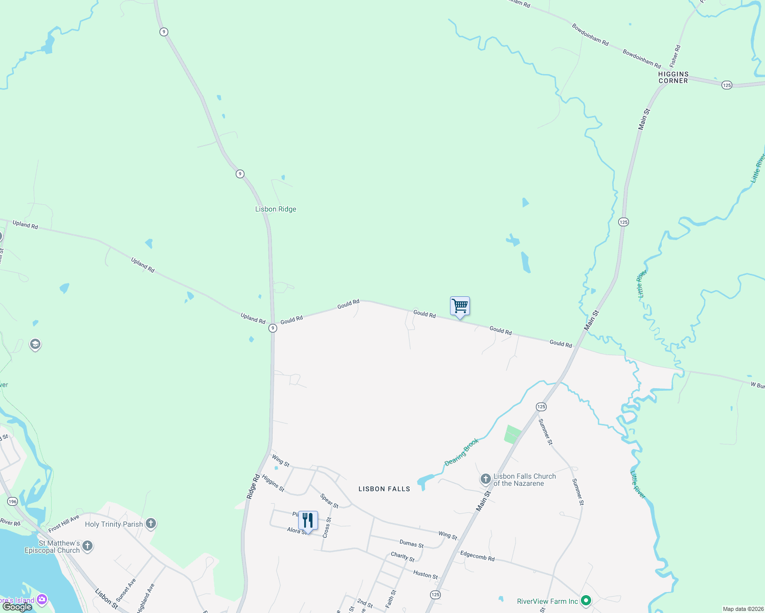 map of restaurants, bars, coffee shops, grocery stores, and more near 51 Gould Road in Lisbon