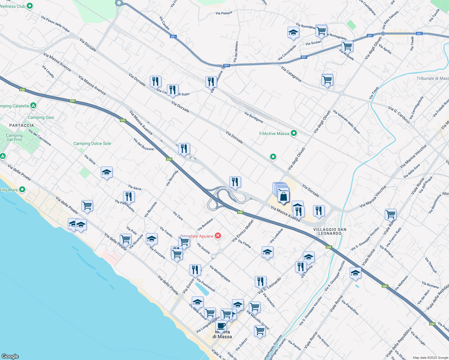 map of restaurants, bars, coffee shops, grocery stores, and more near 32 Via Massa Avenza in Massa