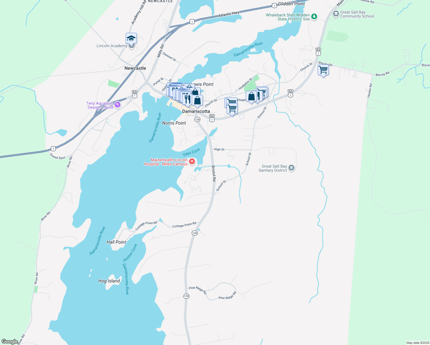 map of restaurants, bars, coffee shops, grocery stores, and more near 102 Bristol Road in Damariscotta