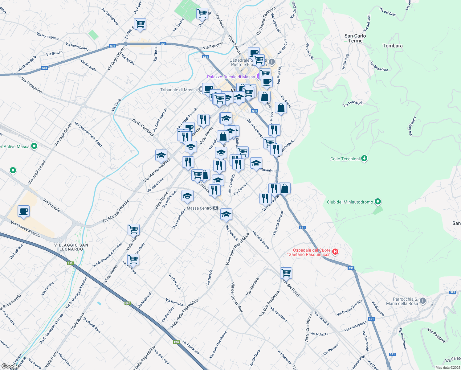 map of restaurants, bars, coffee shops, grocery stores, and more near 16 Via Canaletto in Massa