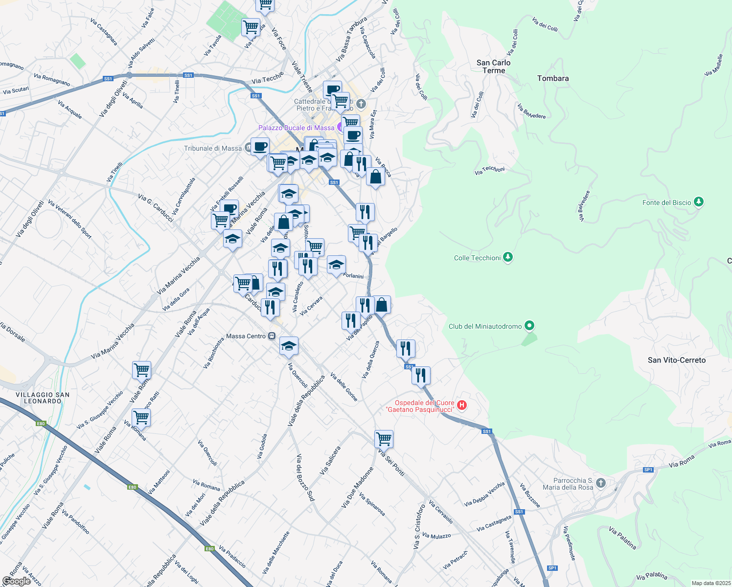 map of restaurants, bars, coffee shops, grocery stores, and more near 1 Via Lazzaro Spallanzani in Massa