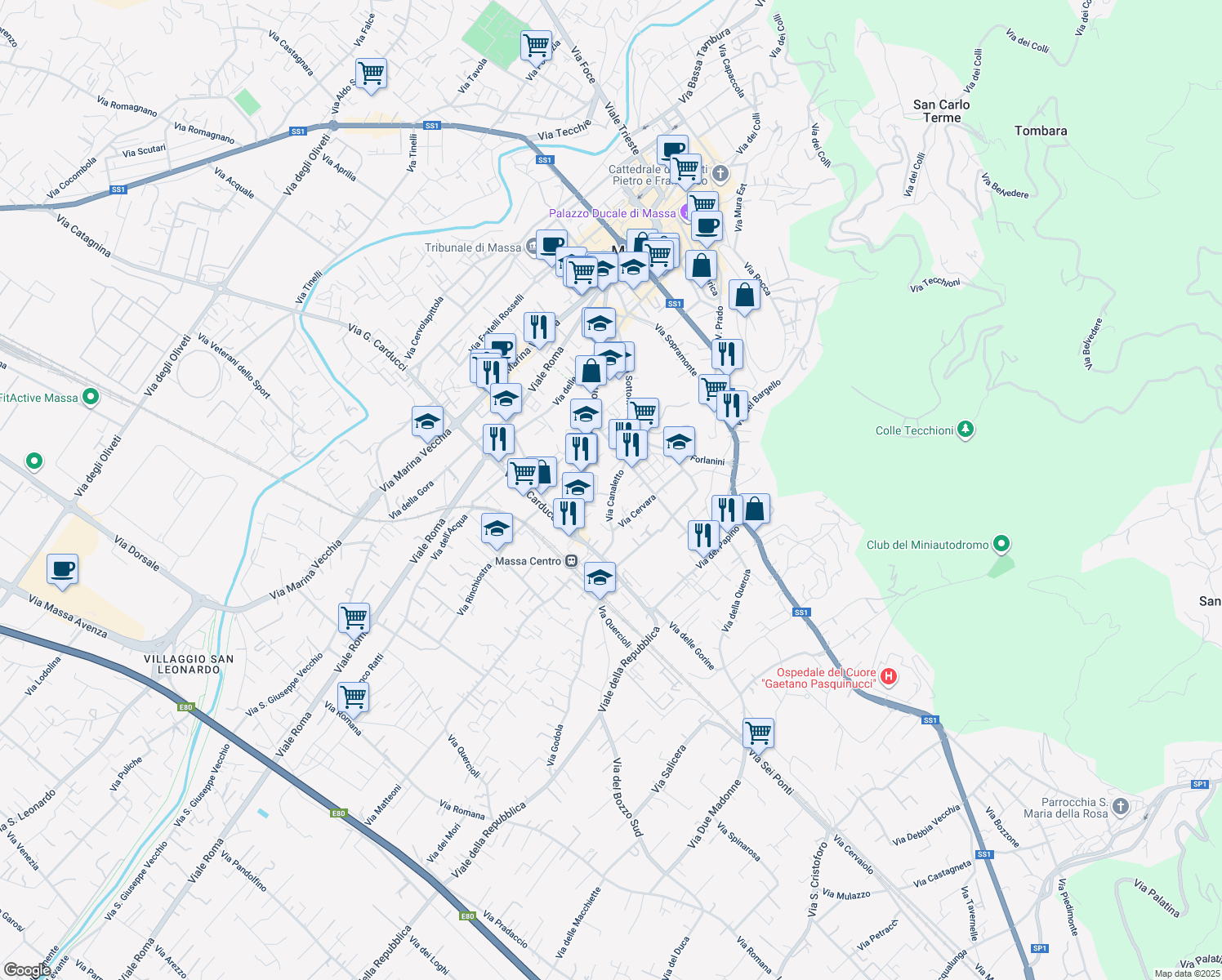 map of restaurants, bars, coffee shops, grocery stores, and more near 16 Via Canaletto in Massa