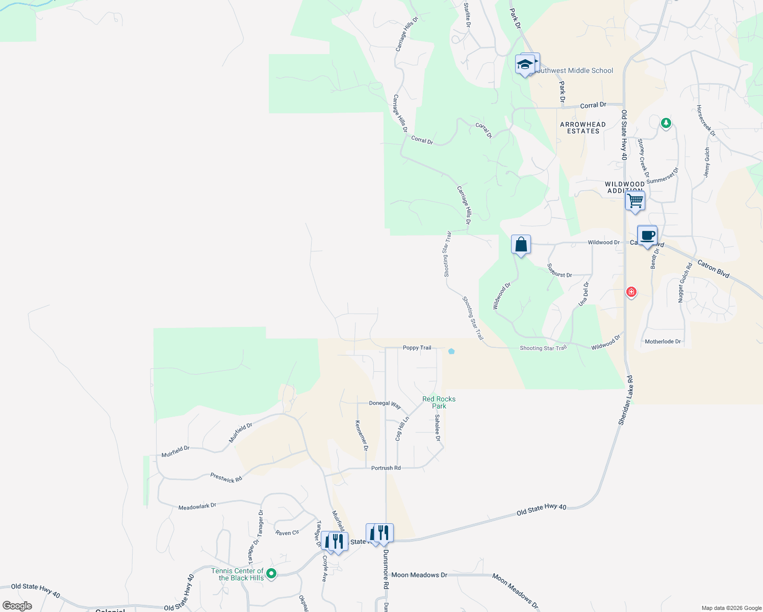 map of restaurants, bars, coffee shops, grocery stores, and more near 6507 Dunsmore Road in Rapid City