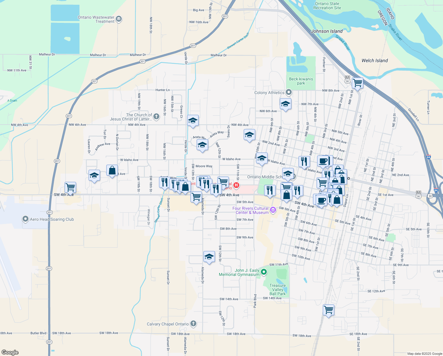 map of restaurants, bars, coffee shops, grocery stores, and more near 1196 Southwest 2nd Avenue in Ontario