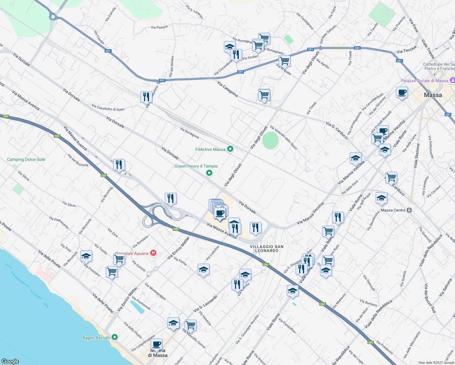 map of restaurants, bars, coffee shops, grocery stores, and more near 110 Via degli Oliveti in Massa