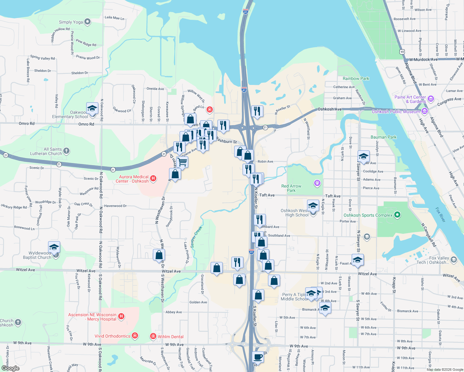 map of restaurants, bars, coffee shops, grocery stores, and more near 765 North Washburn Street in Oshkosh
