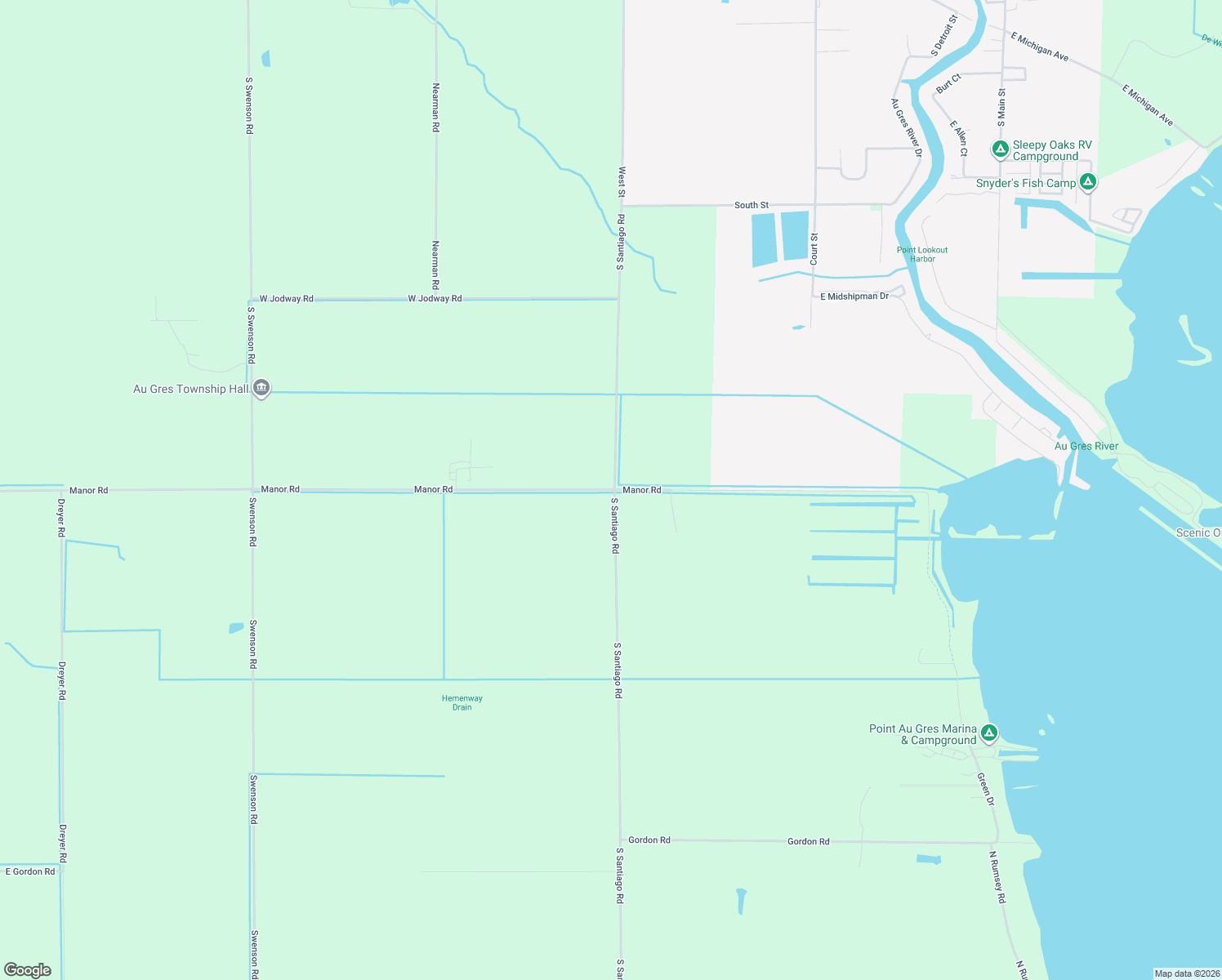 map of restaurants, bars, coffee shops, grocery stores, and more near 2498 Manor Road in Au Gres