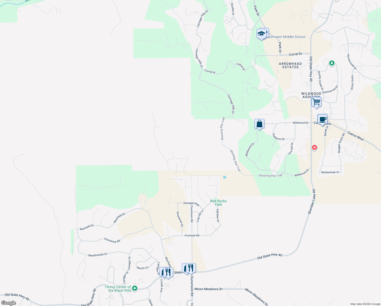 map of restaurants, bars, coffee shops, grocery stores, and more near 6507 Dunsmore Road in Rapid City