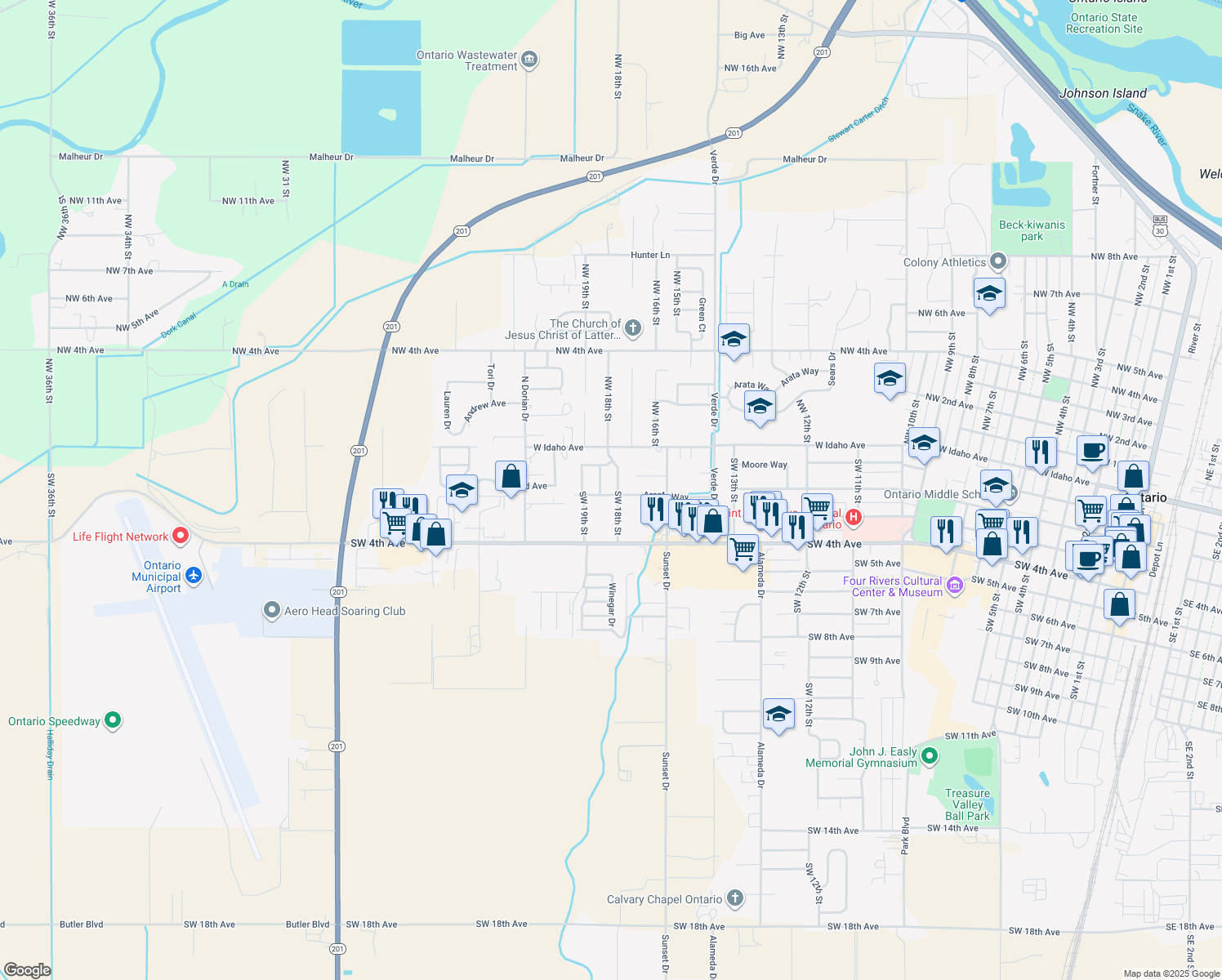 map of restaurants, bars, coffee shops, grocery stores, and more near 1825 Arcata Way in Ontario
