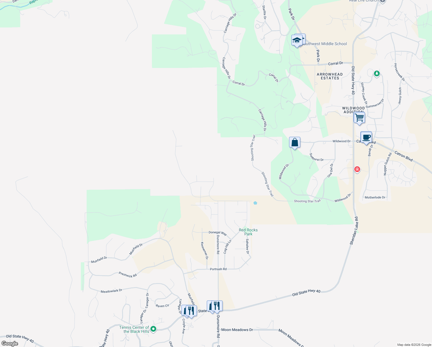 map of restaurants, bars, coffee shops, grocery stores, and more near 6507 Dunsmore Road in Rapid City
