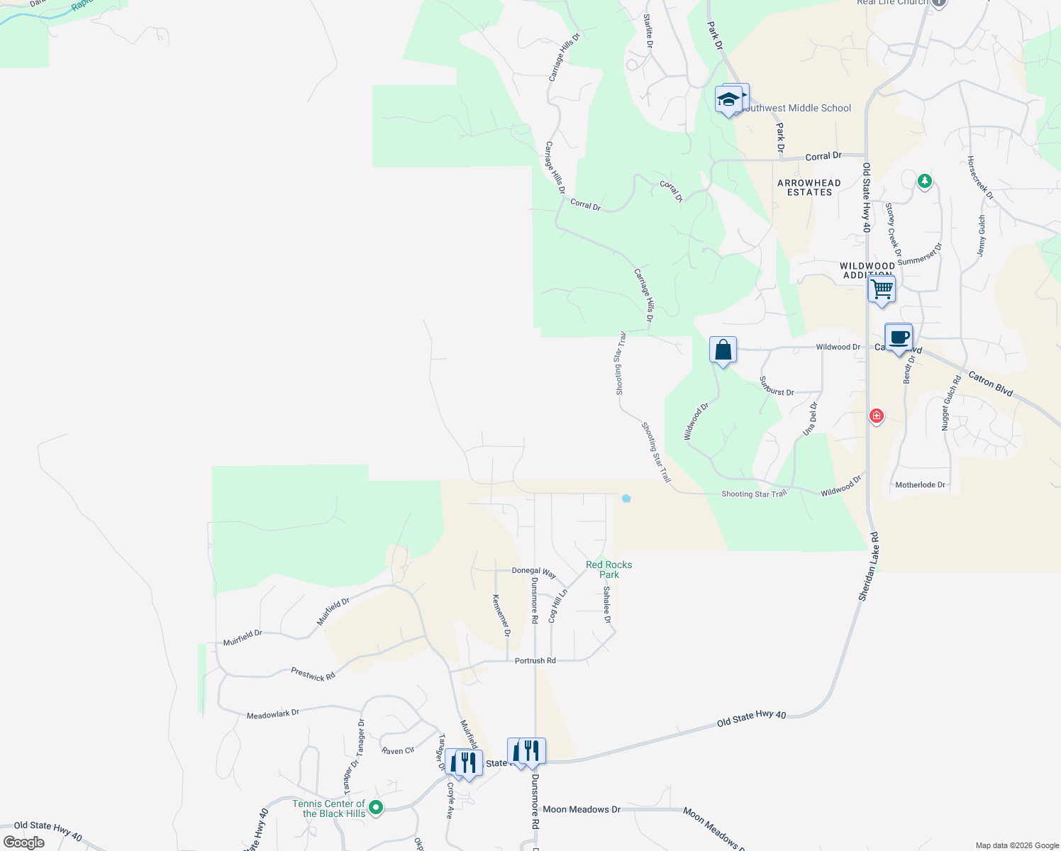 map of restaurants, bars, coffee shops, grocery stores, and more near 6507 Dunsmore Road in Rapid City