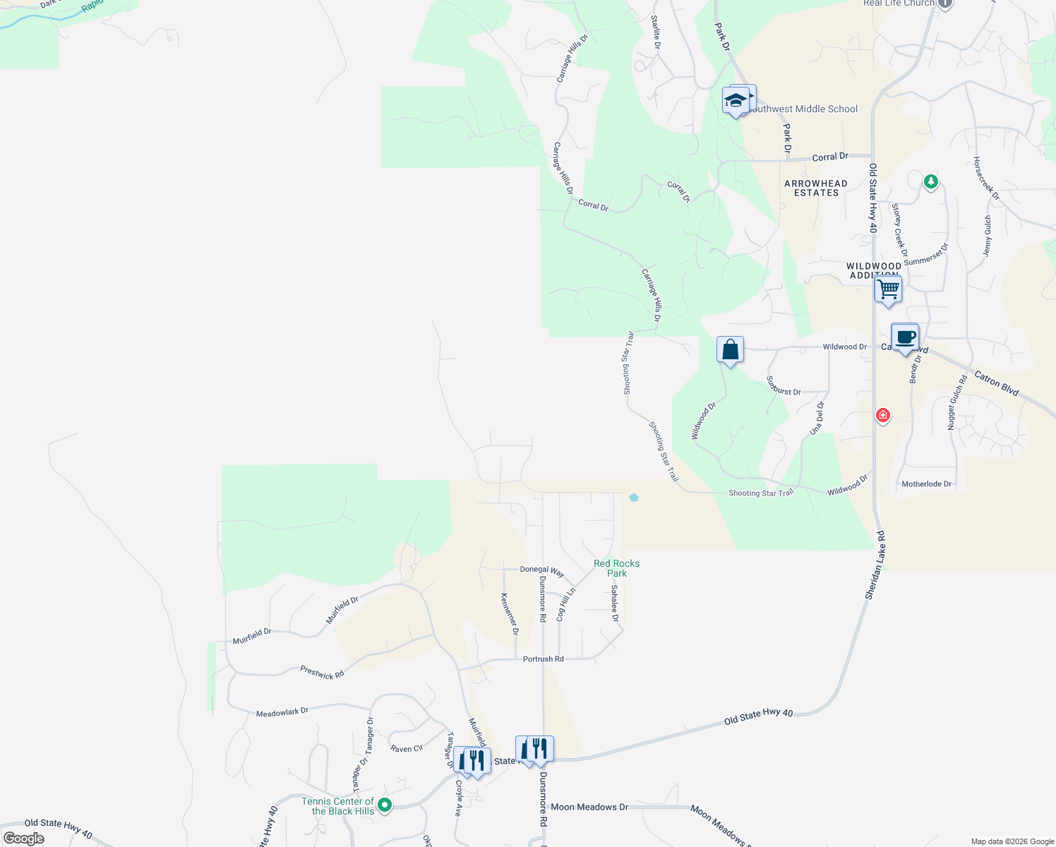 map of restaurants, bars, coffee shops, grocery stores, and more near 6507 Dunsmore Road in Rapid City
