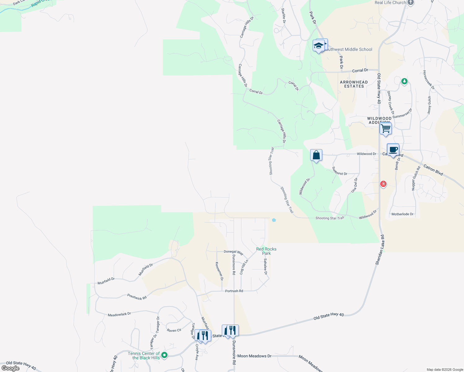 map of restaurants, bars, coffee shops, grocery stores, and more near 6507 Dunsmore Road in Rapid City