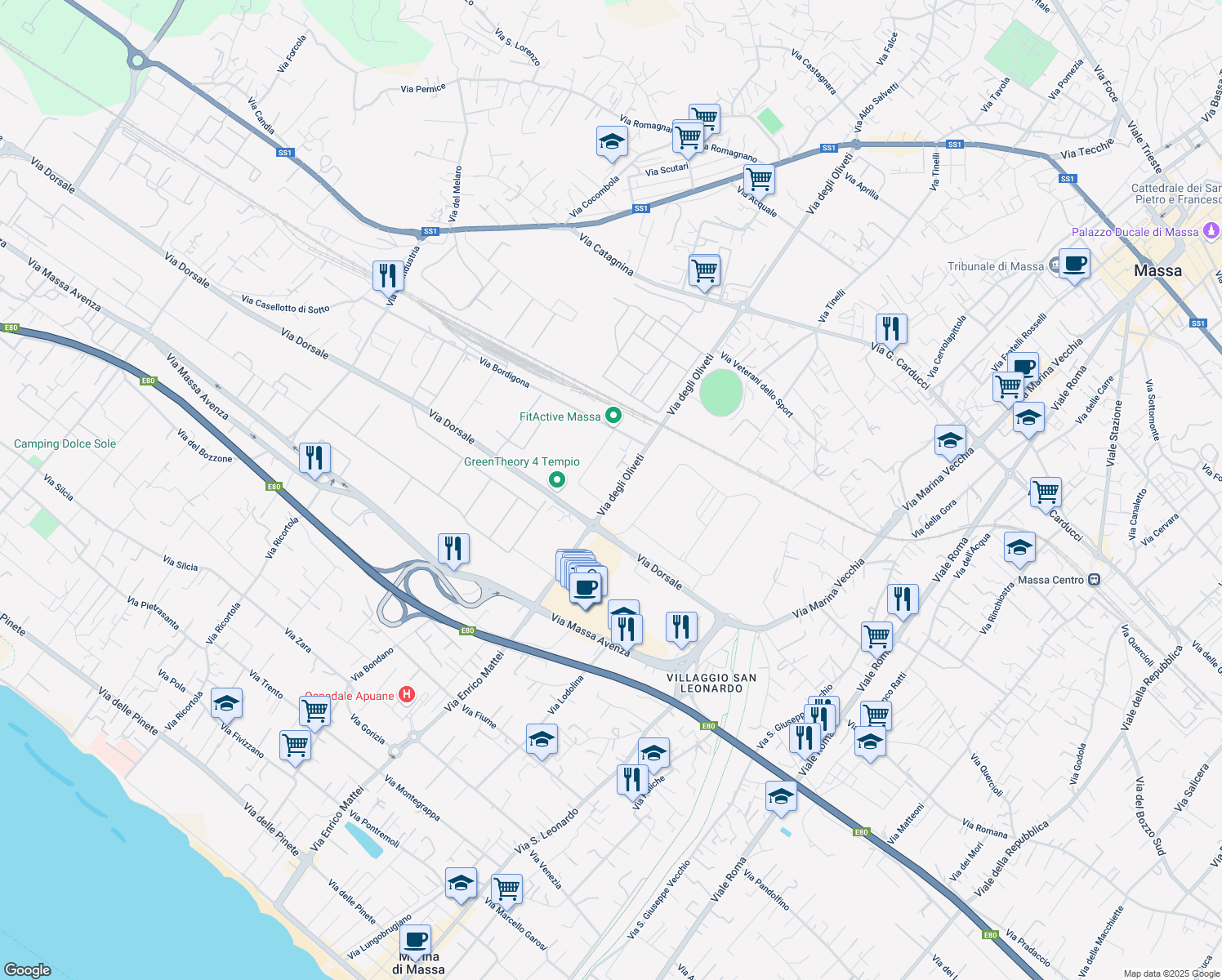 map of restaurants, bars, coffee shops, grocery stores, and more near 110 Via degli Oliveti in Massa